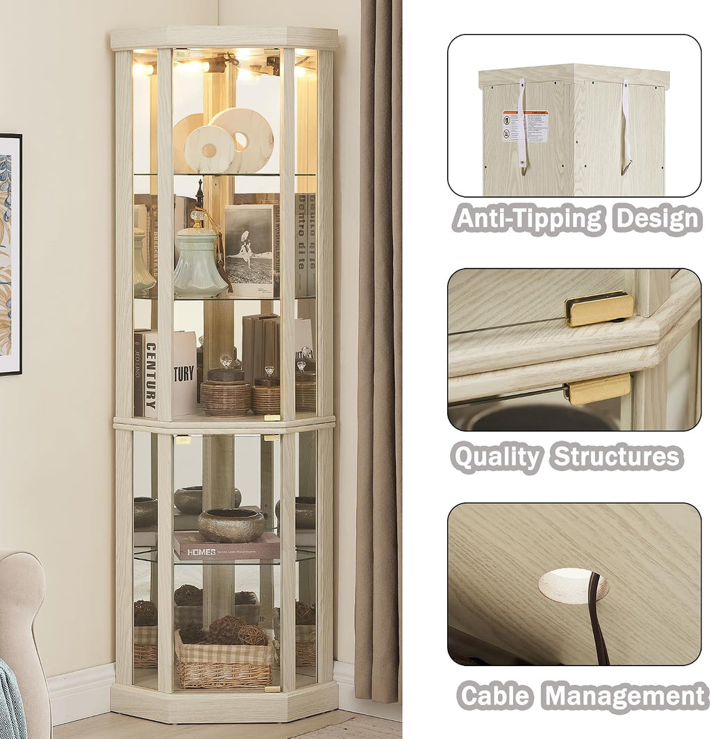 69' H Lighted Curio Cabinet Corner Display Case, Corner Glass Case with Adjustable Shelves and Tempered Glass, Wooden Curio Cabinet w/Mirrored Back Pane for Living Room