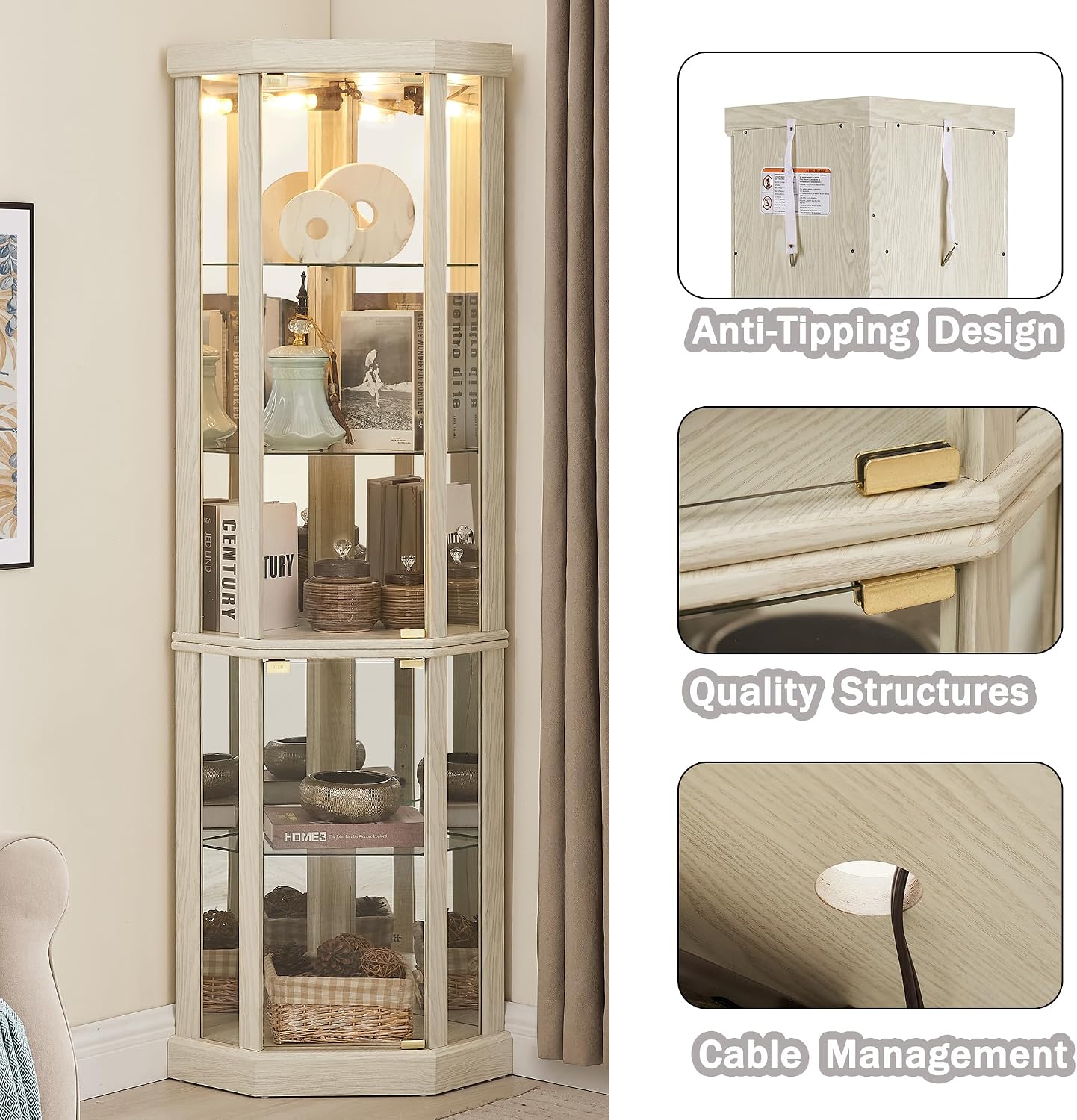 69' H Lighted Curio Cabinet Corner Display Case, Corner Glass Case with Adjustable Shelves and Tempered Glass, Wooden Curio Cabinet w/Mirrored Back Pane for Living Room