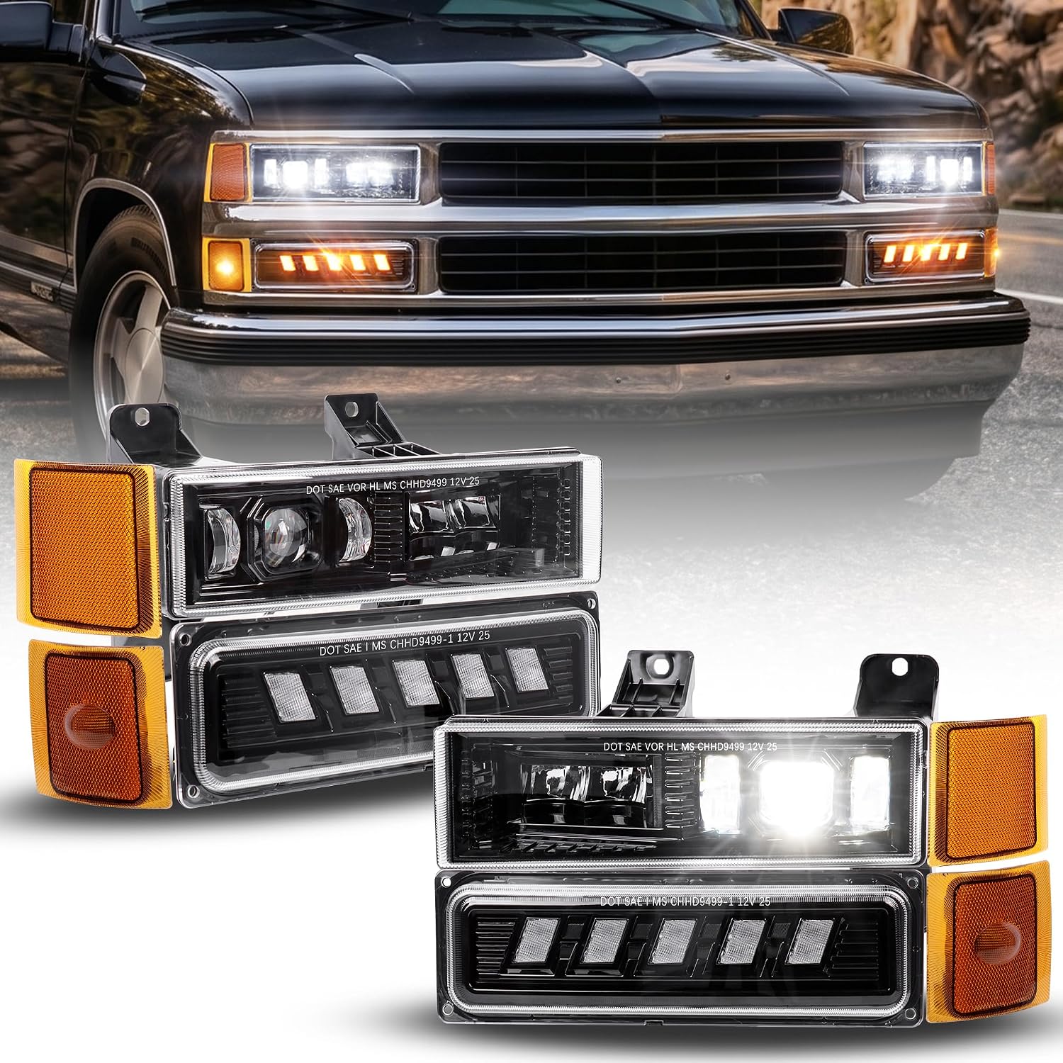 RAMJET4X4 DOT LED Headlight Assembly 600% Bright Anti-glare Hi/Low Beam Turn Signal Side Maker Fit for OBS 1994-1999 Chevy Silverado C10 Tahoe Suburban C/K 1500 2500 3500 (NOT FIT for GMC)