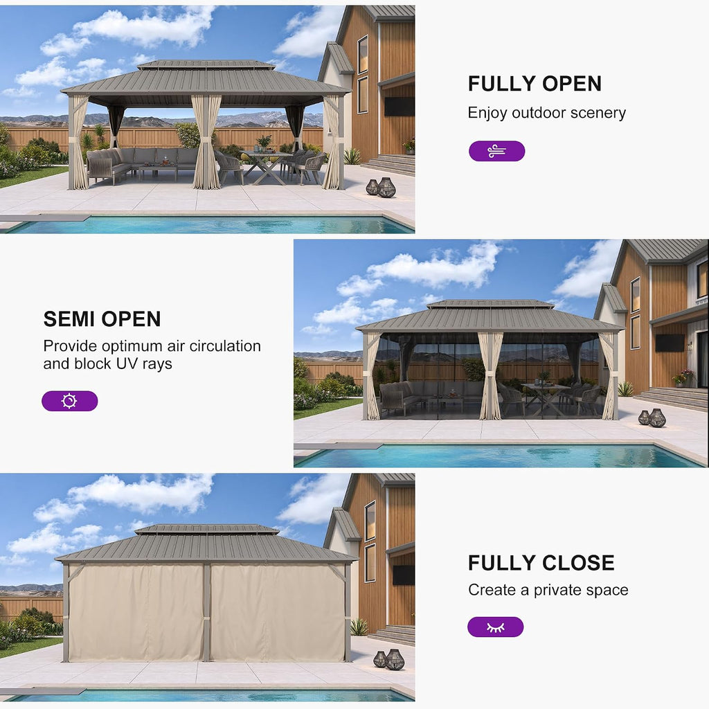 PURPLE LEAF 12' x 20' Outdoor Hardtop Gazebo, Patio Gazebo Champagne Aluminum Frame with Galvanized Steel Double Roof, Curtains and Netting for Patio Lawn and Garden