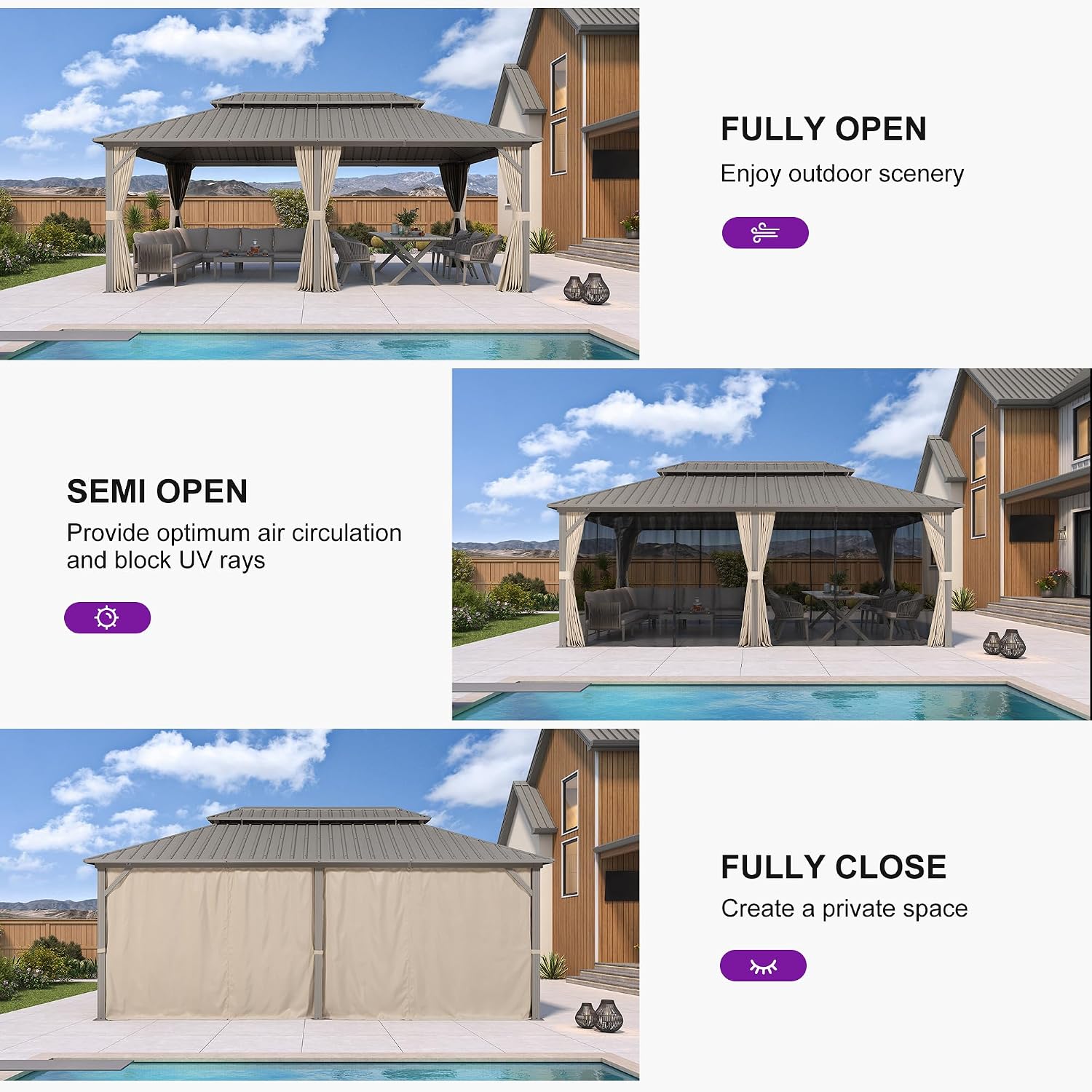 PURPLE LEAF 12' x 20' Outdoor Hardtop Gazebo, Patio Gazebo Champagne Aluminum Frame with Galvanized Steel Double Roof, Curtains and Netting for Patio Lawn and Garden
