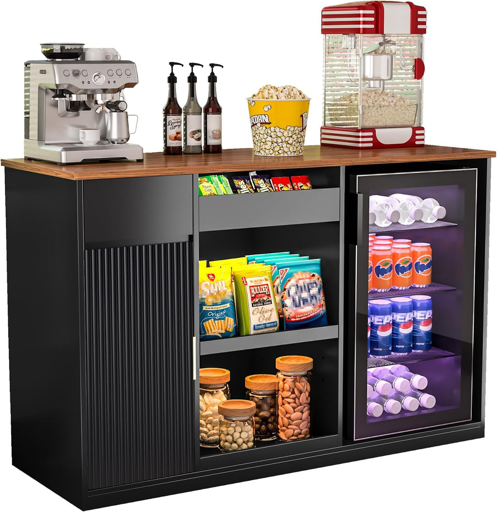 GDLF Snack Bar Cabinet with Fridge Space, Snack Organizer with Storage and Candy Display Shelf, Coffee Station for Home Theater or Game Room, 51.2' L，Black
