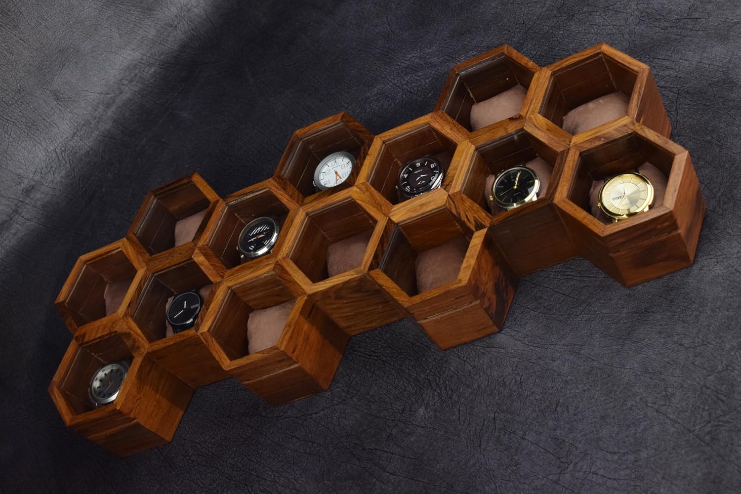 Royal Craft Expertise Hanging Wall Mounted Wooden Watch Box Organizer – 14 Slot Luxury Watch Case for Men & Women | Vintage Rosewood Honeycomb Design | Unisex Wooden Watch Storage Box
