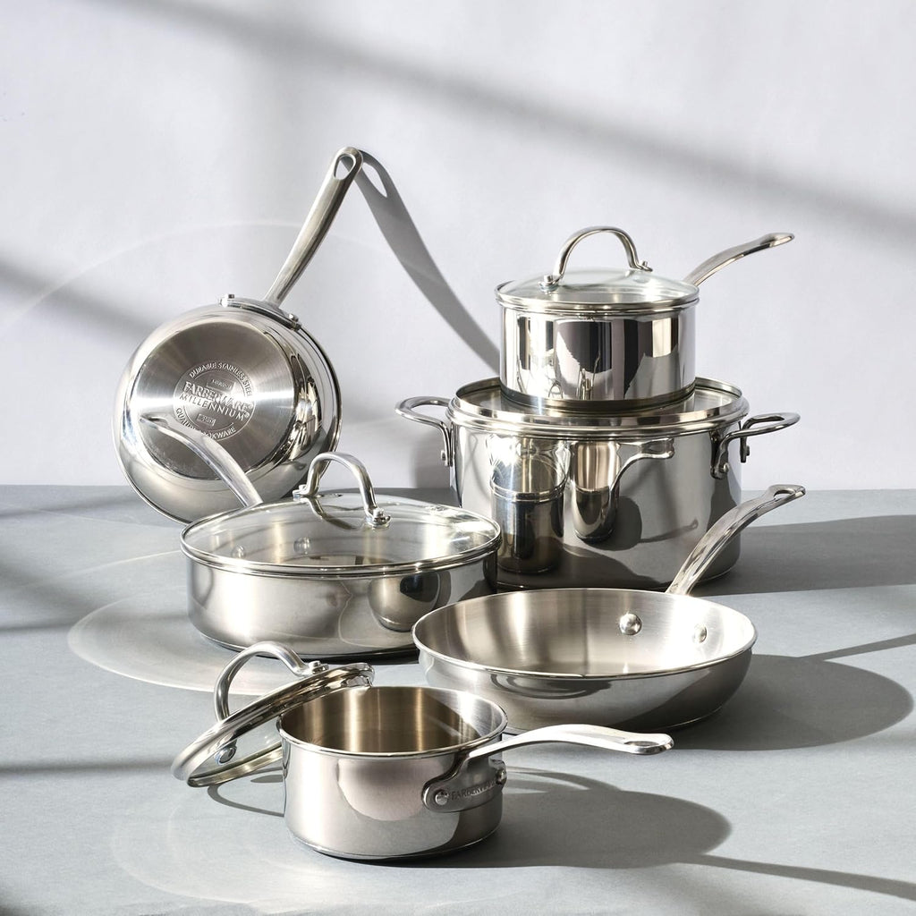 Farberware Millennium Stainless Steel Pots and Pans with Lids, Induction Ready, Compatible with All Cooktops, Metal Utensil Safe, 10 Piece Cookware Set, Dishwasher Safe - Stainless Steel