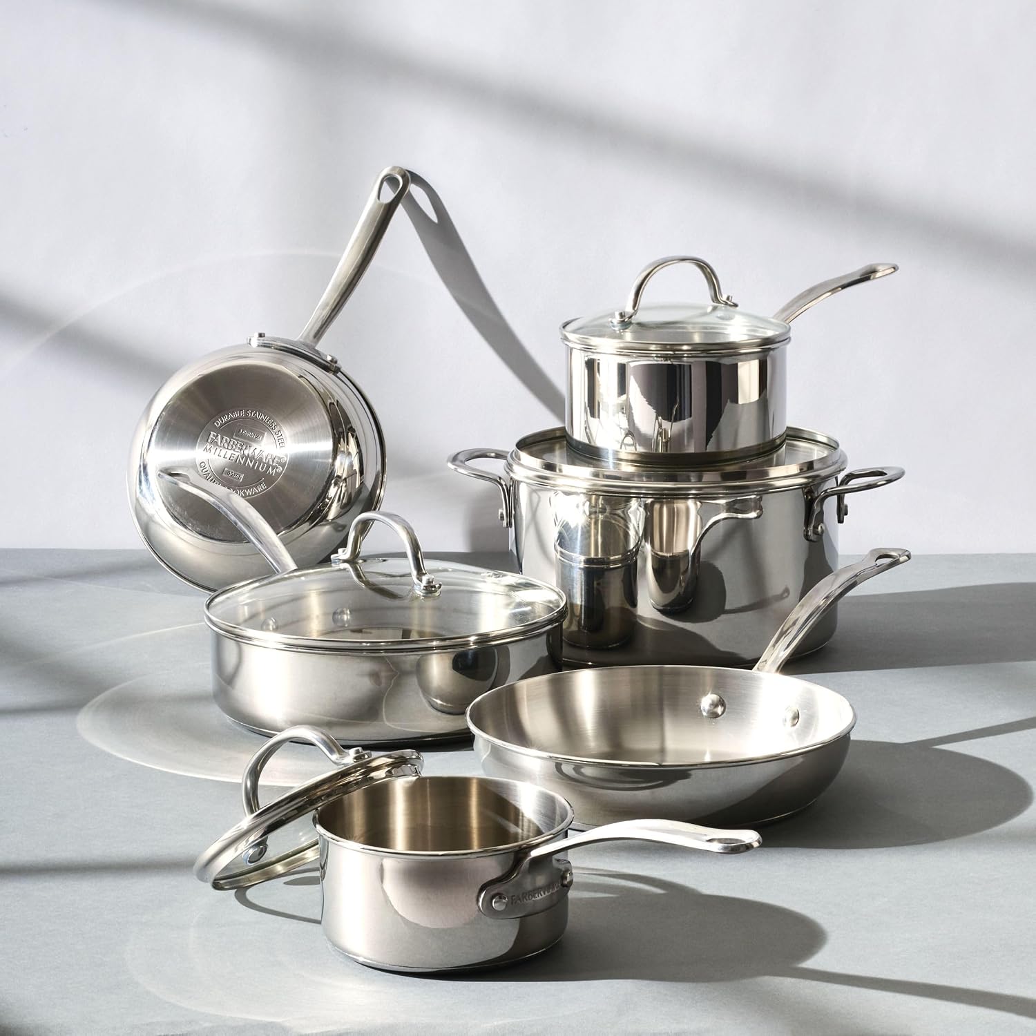 Farberware Millennium Stainless Steel Pots and Pans with Lids, Induction Ready, Compatible with All Cooktops, Metal Utensil Safe, 10 Piece Cookware Set, Dishwasher Safe - Stainless Steel