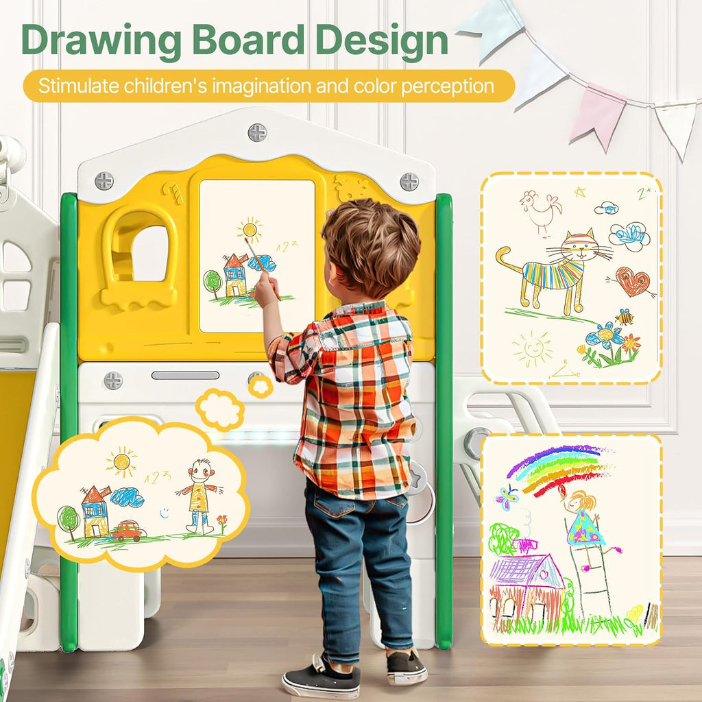 BIERUM 9 in 1 Toddler Slide Set - Baby Slide for Toddlers 1-3 with Colorful Lights, Drawing Board and Building Blocks Board, Indoor Outdoor Toddler Playset Playground, Green Yellow
