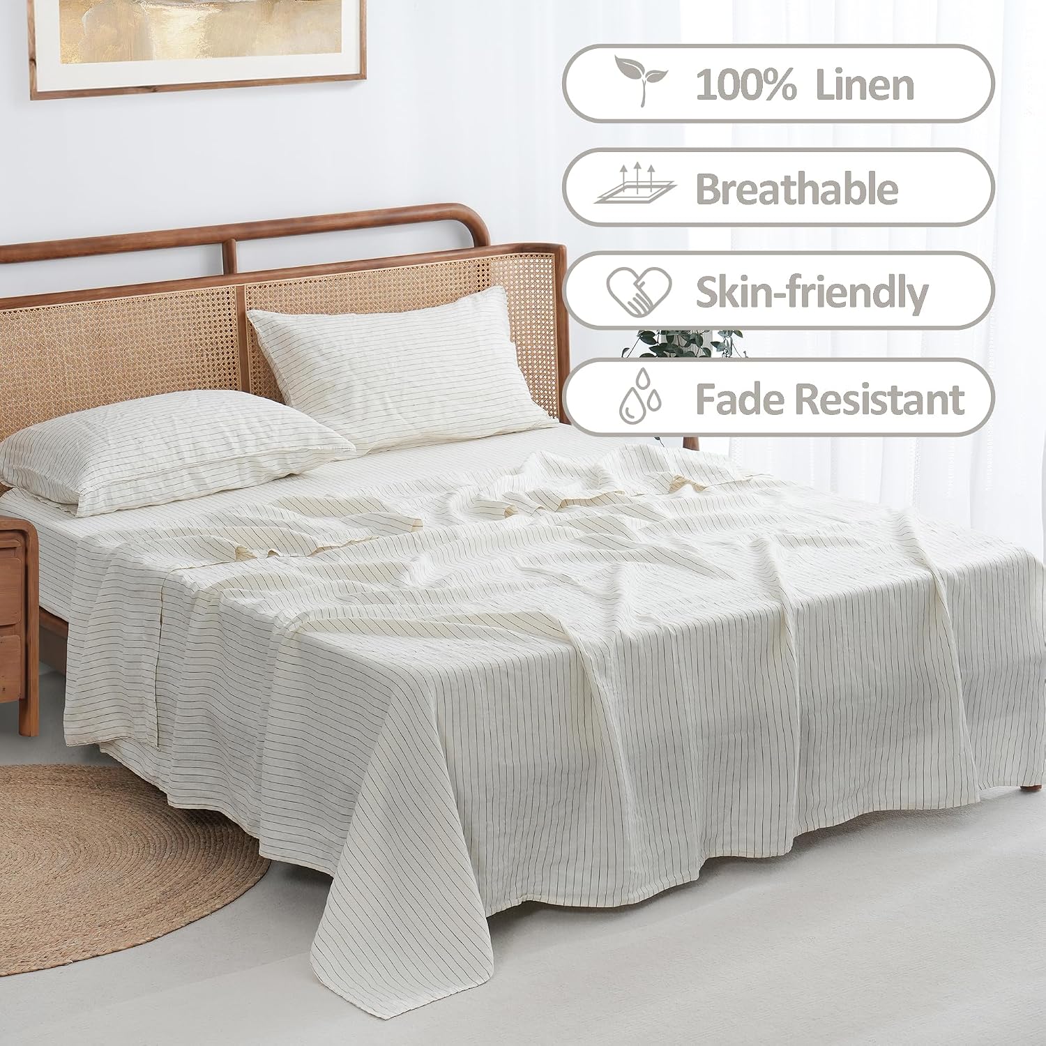 S VICTORY SYMBOL 100% Organic Linen Sheets Set Grey Pinstripe Queen Size 4pcs,Yarn Dyed French Natural Stone Washed Flax Bedding Set,Farmhouse Bed Sheets,Ultra Soft&Breathable