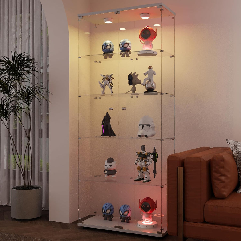 64.69' Tall Tempered Glass Display Cabinet with LED Lights, Curio Cabinet with 5 Shelves with 2 Door, Quick-Install Style Floor Standing Bookshelf File Cabinet for Living Room Office