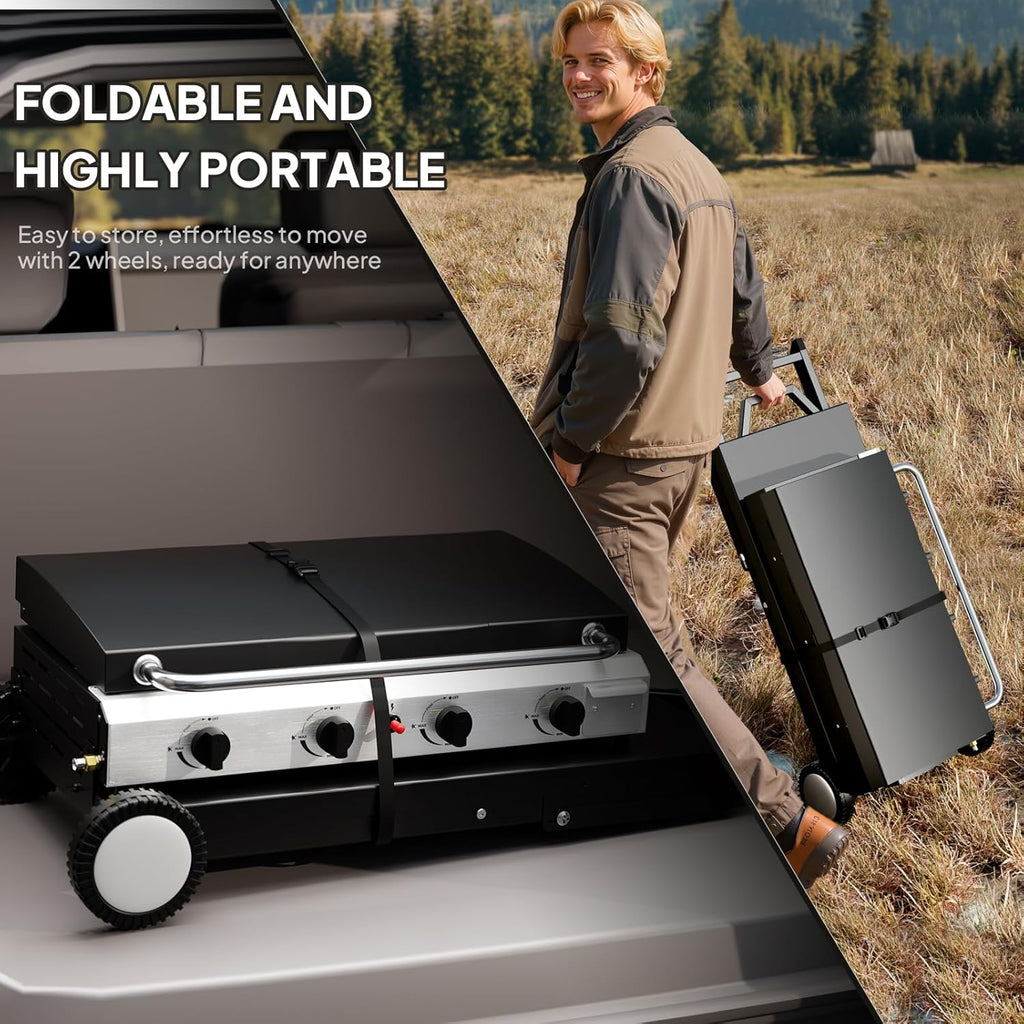 Bonnlo Foldable Flat Top Grill with 4 Burner & Lid, Powerful 40,000 BTU Propane Gas Grills with Ignition, Enamel Griddle, Side Shelf & Portable Cart with Wheels for Outdoor Camping Hibachi Grill Use