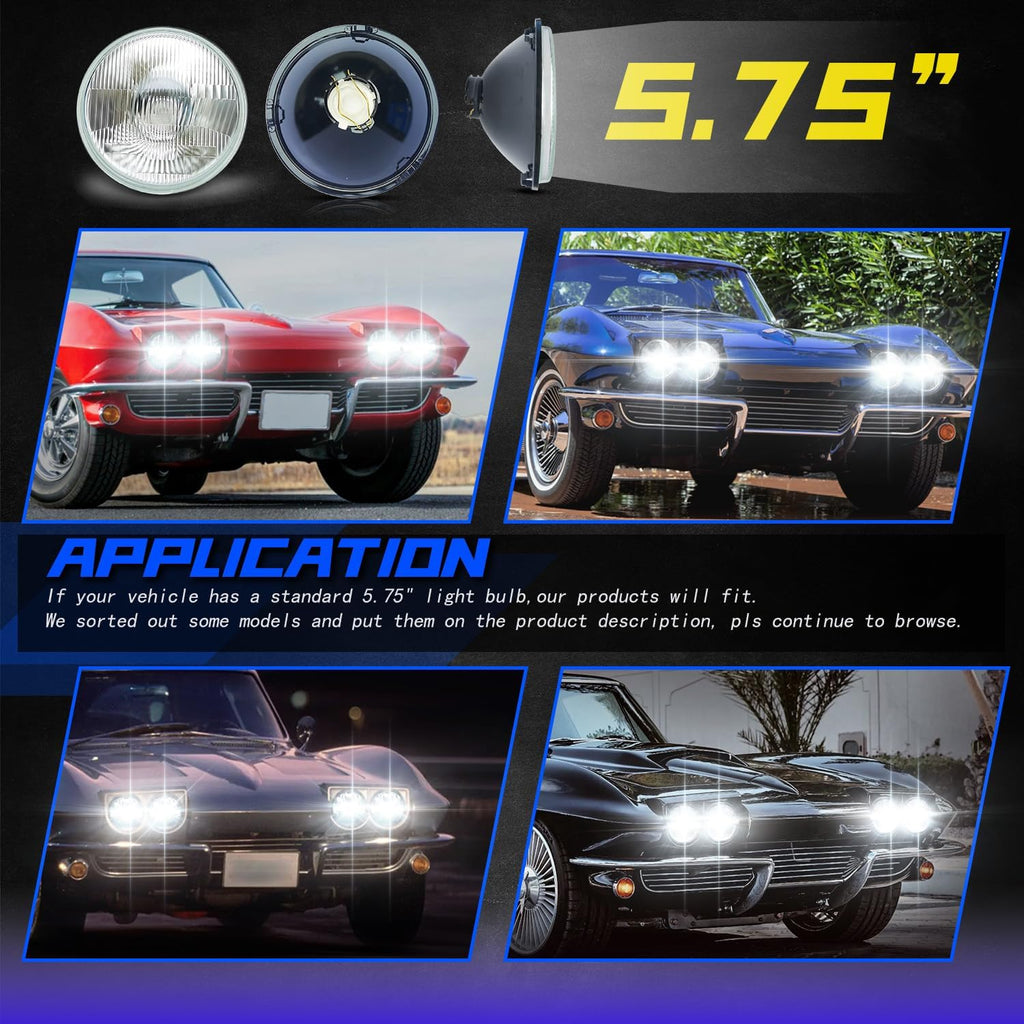 Fit For Chevy Chevelle 1964-1970 5.75' 5-3/4 H4 LED Lights High Low Beam,5.75' 5 3/4' inch Glass Lens OEM Style Compatible With LED H4/9003 High & Low Beam Light Lamp Kit, White,6000K,8-pack