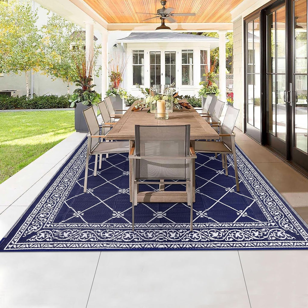 Outdoor Rug 10'x14' for Patios Waterproof Patio Rugs Outdoor Mats for Front Porch,Beach Mat,Reversible Plastic Straw Camping Rugs for Outside RV,Deck,Balcony,Backyard Navy Blue