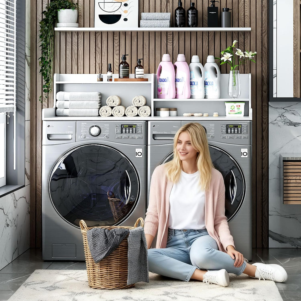 2-Tier Washer and Dryer Countertop w 54' W x 27.5' D Laundry Countertop Cover with Non-Slip Pad,Large Space Laundry Topper for Folding Clothes Over Washer and Dryer (Nature)