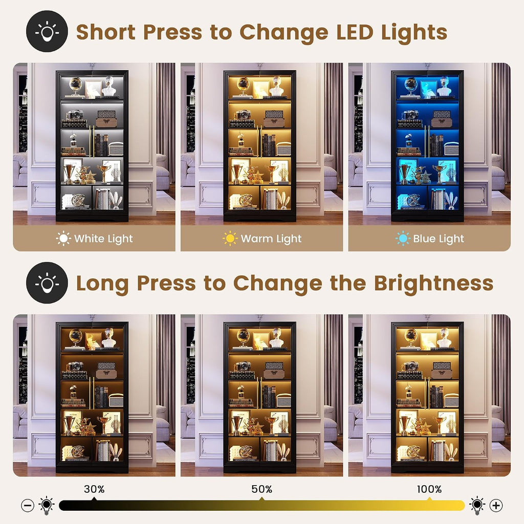 LVSOMT Display Cabinet with Glass Doors and Adjustable Shelves, 65' Tall Bookcase with LED Lights and Human Sensor, 5 Tier Display Case for Collectibles with Storage, Home Office Living Room, Black