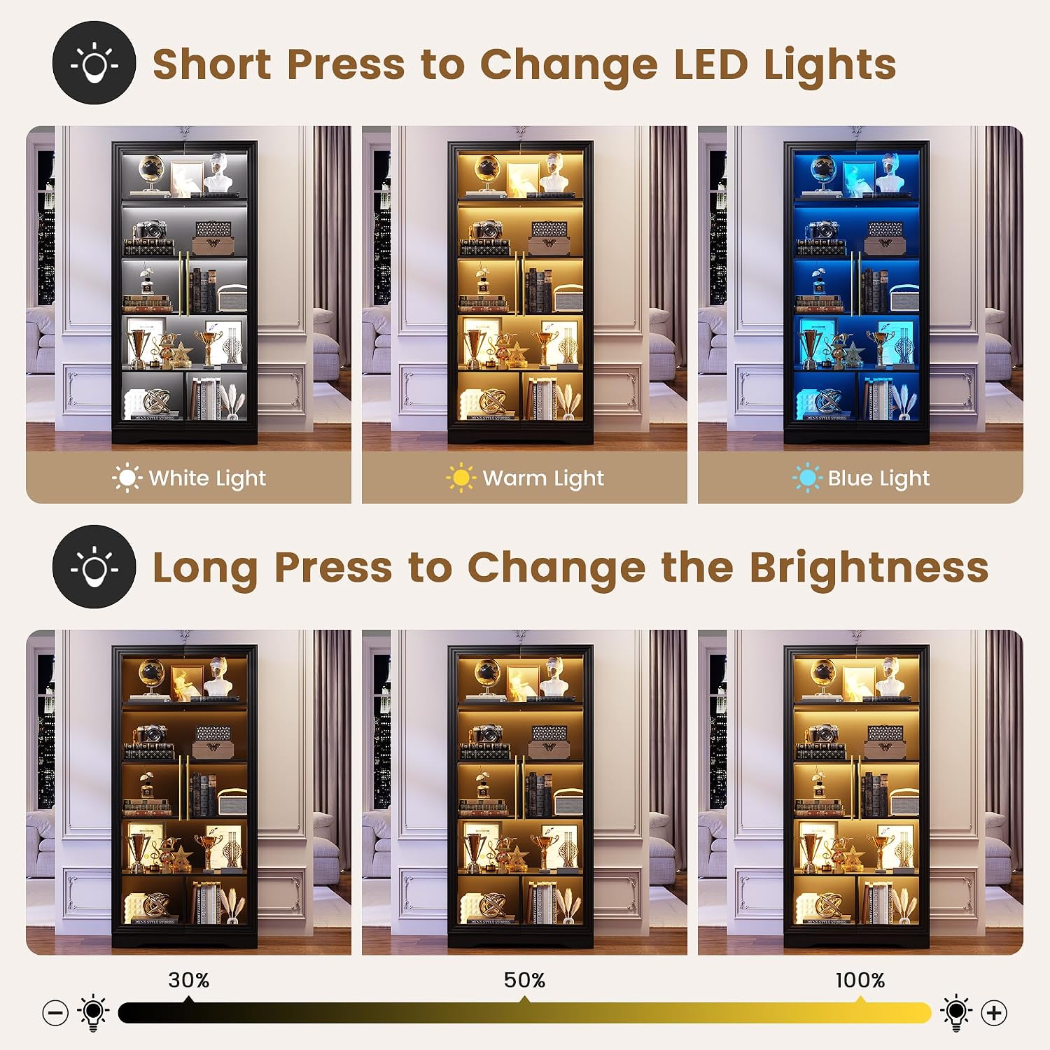 LVSOMT Display Cabinet with Glass Doors and Adjustable Shelves, 65' Tall Bookcase with LED Lights and Human Sensor, 5 Tier Display Case for Collectibles with Storage, Home Office Living Room, Black