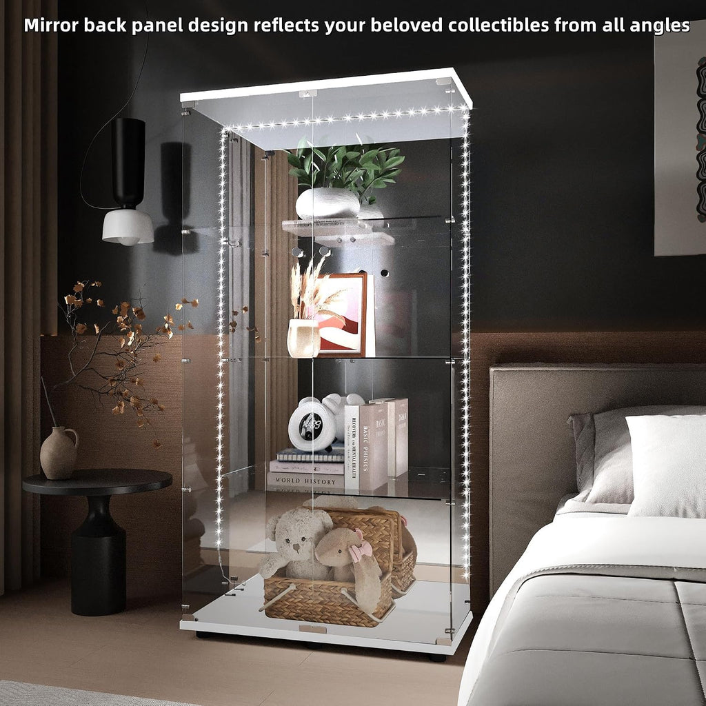 Modern Glass Display Cabinet 4-Shelf with LED Light,Mirror and Lock, 2 Door Curio Cabinets,Tempered Glass Collection Display Showcase for Living Room Home Office,30.9x13.5x64.6 H,White