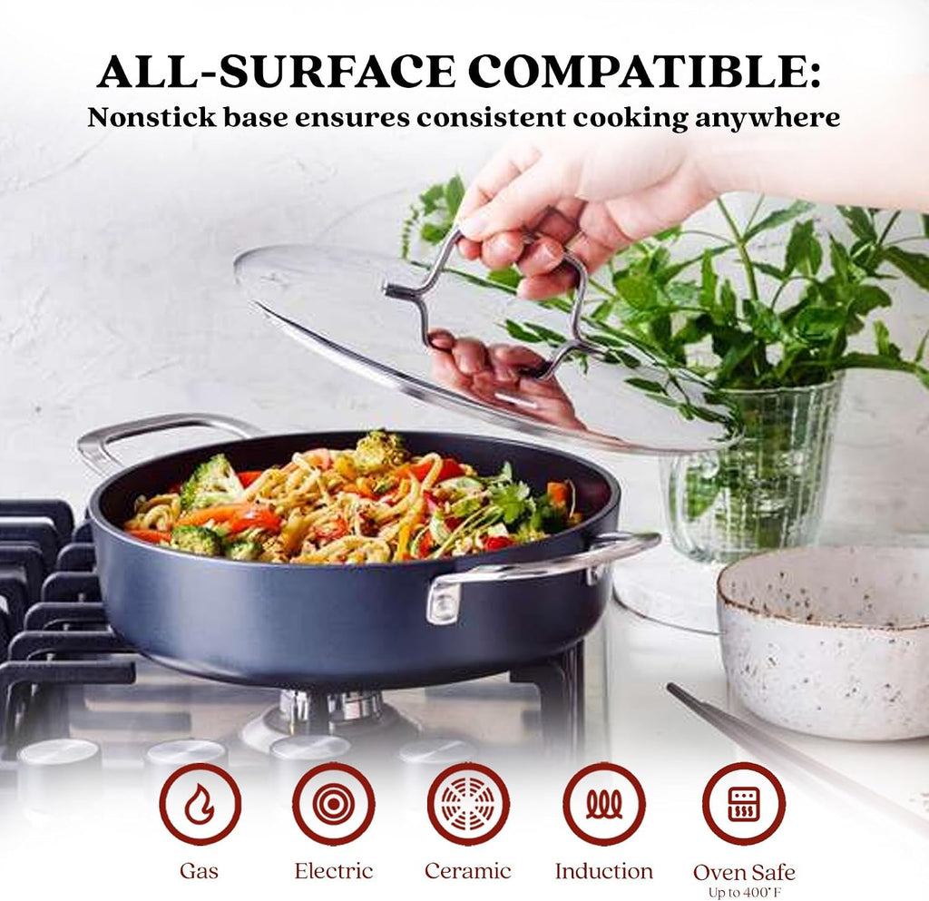 Alva Maestro Ceramic Nonstick Frying Pan Cookware Set, Non Toxic Saute and Frying Pan Set, PFAS, PFOA & PTFE Free, Compatible with All Stovetops, Induction Safe, Stay Cool Handles, Oven Safe Pans Set