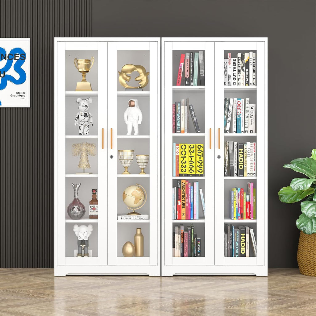 Polup Display Cabinet with Glass Doors, 71'' Tall Curio Cabinets with Lock, Metal Glass Display Case for Collectibles, Living Room, School, Commercial, White, Assemble Required
