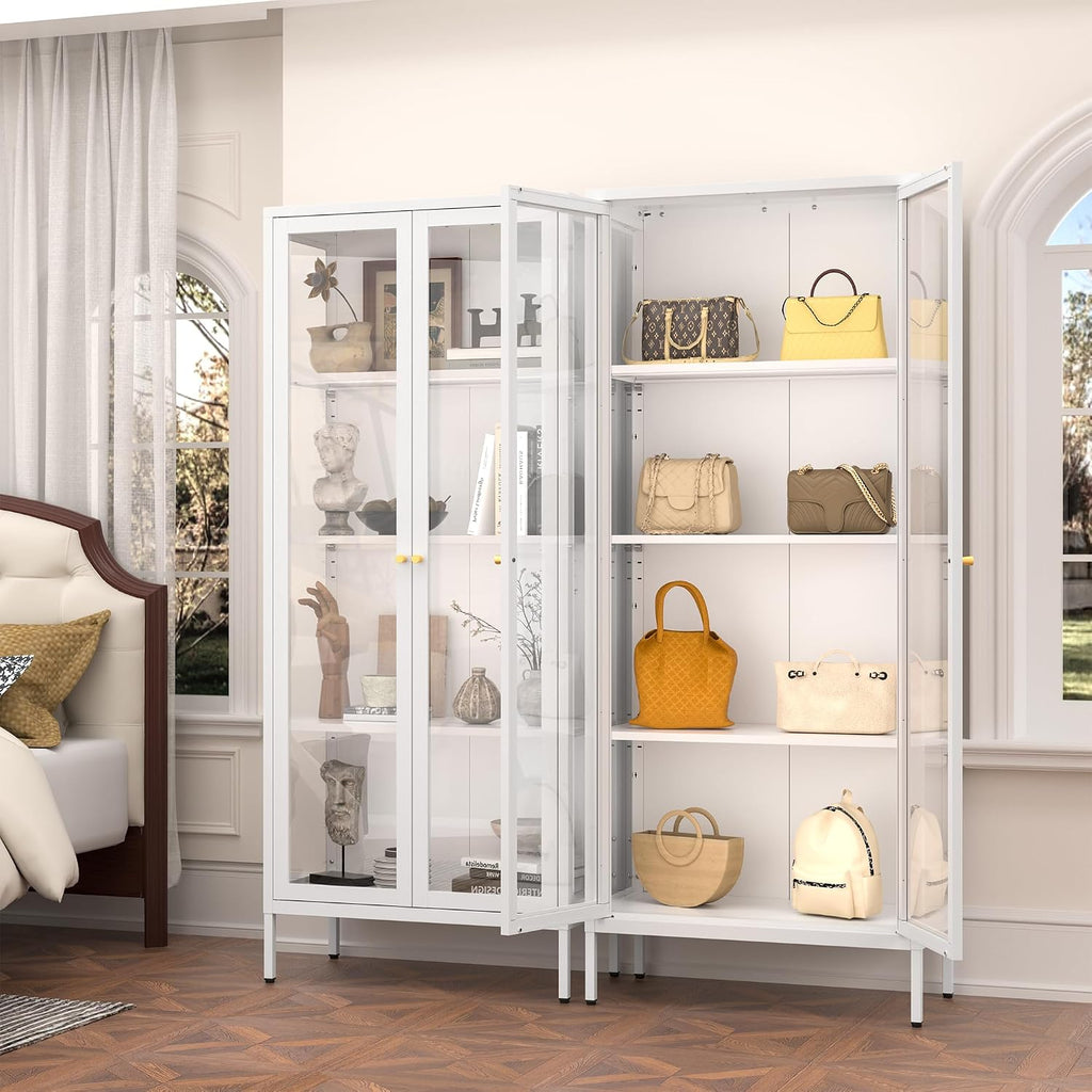 Polup Glass Display Cabinet with Glass Doors, White Curio Cabinet with 3 Side Tempered Glass, 66' Tall Bookcase Display Case for Collectibles, Metal Storage Cabinet for Living Room, Assemble Required