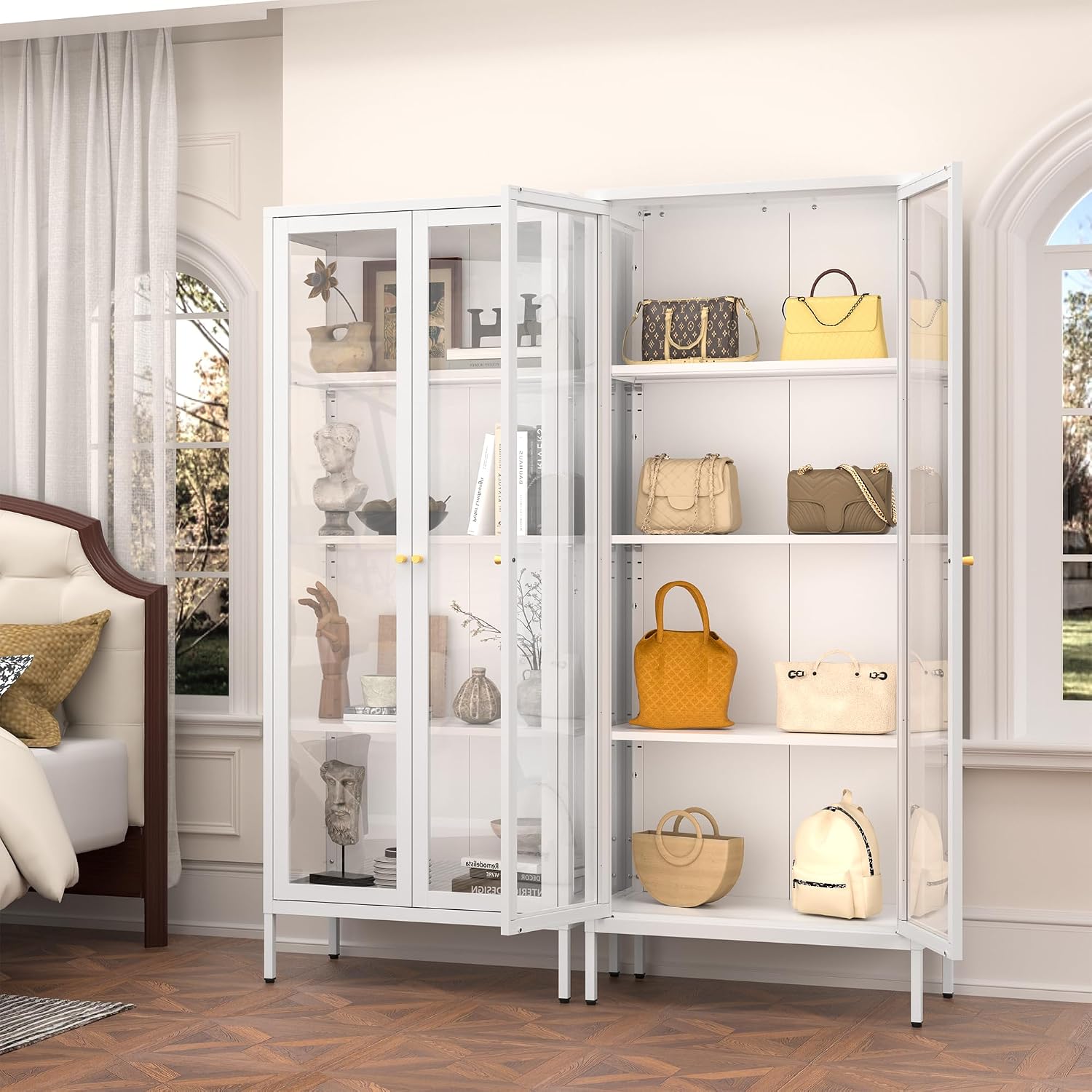 Polup Glass Display Cabinet with Glass Doors, White Curio Cabinet with 3 Side Tempered Glass, 66' Tall Bookcase Display Case for Collectibles, Metal Storage Cabinet for Living Room, Assemble Required