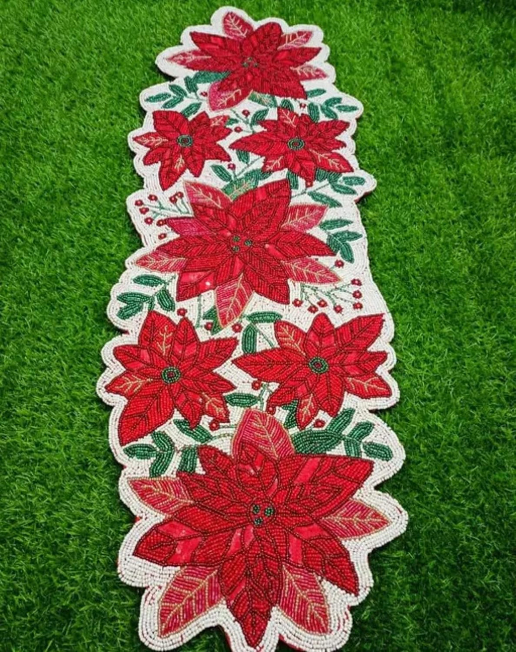 Beaded Poinsettia Table Runner, Red and White with Green Leaves, Christmas Holiday Decor