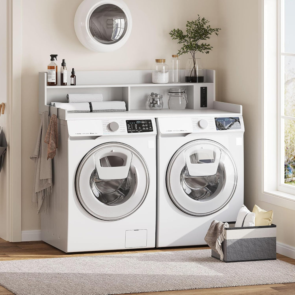 Upgraded 2-Tier Washer and Dryer Countertop with Power Outlet,54' W x 27.6' D Large Laundry Countertop for Fold Clothes, Laundry Topper with Non-Slip Pads & Metal Hooks and Storage Basket