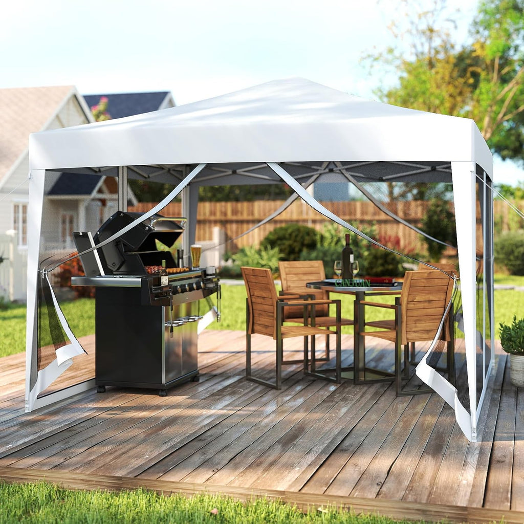 Tangkula 10x10 Ft Pop Up Canopy with Netting, Easy Up Outdoor Tent with Mesh Sidewalls, Carrying Bag, Adjustable Height, Portable Canopy Tent for Parties Events Camping Travel