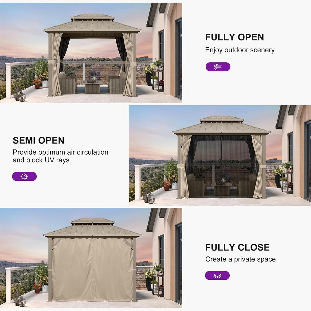 PURPLE LEAF 8' x 10' Outdoor Gazebo, Champagne Hardtop Metal Gazebo with Galvanized Steel Double Roof, Curtains and Netting for Patio Lawn and Garden