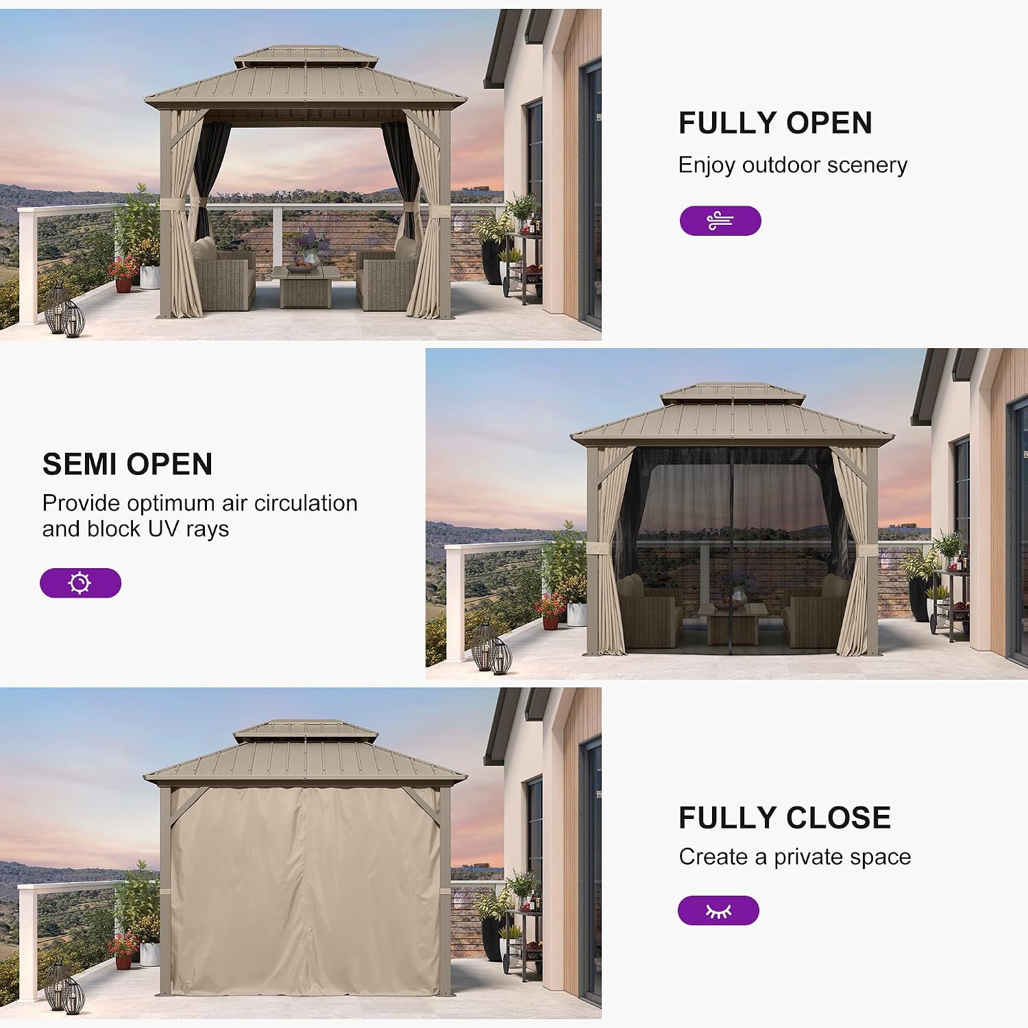 PURPLE LEAF 8' x 10' Outdoor Gazebo, Champagne Hardtop Metal Gazebo with Galvanized Steel Double Roof, Curtains and Netting for Patio Lawn and Garden