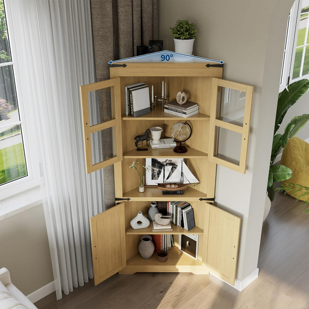 GarveeHome 67' Tall Corner Storage Cabinet, Farmhouse Corner Hutch Display Cabinet with Glass Doors, Wooden Storage Organizer for Kitchen, Living Room, Bathroom, Natural