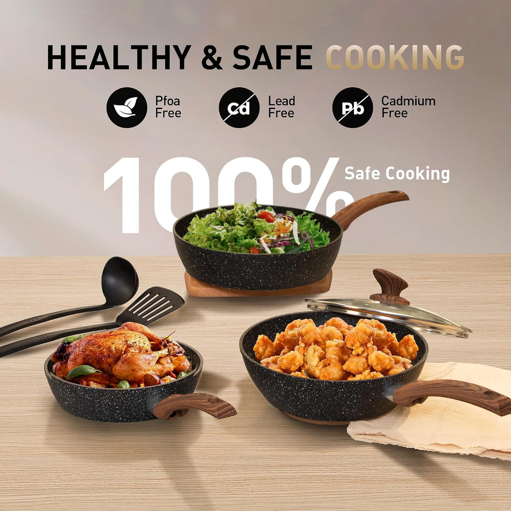MAISON ARTS Pots and Pans Set Non Stick, 15 Pcs Non-Toxic Hammered Kitchen Cookware Sets, Black Granite Cooking Pot and Pan for Induction, Stovetop