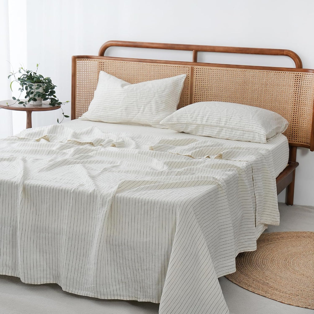 S VICTORY SYMBOL 100% Organic Linen Sheets Set Grey Pinstripe California King,Yarn Dyed French Natural Stone Washed Flax Bedding Set CK 4pcs,Ultra Soft&Breathable