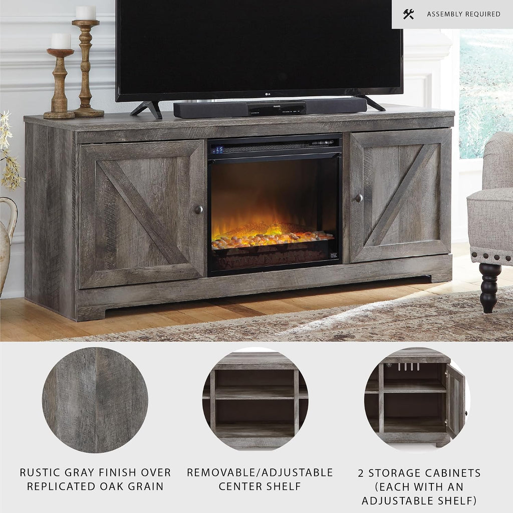 Signature Design by Ashley Wynnlow Farmhouse 63' TV Stand for TVs up to 72' with Electric Fireplace, Light Gray