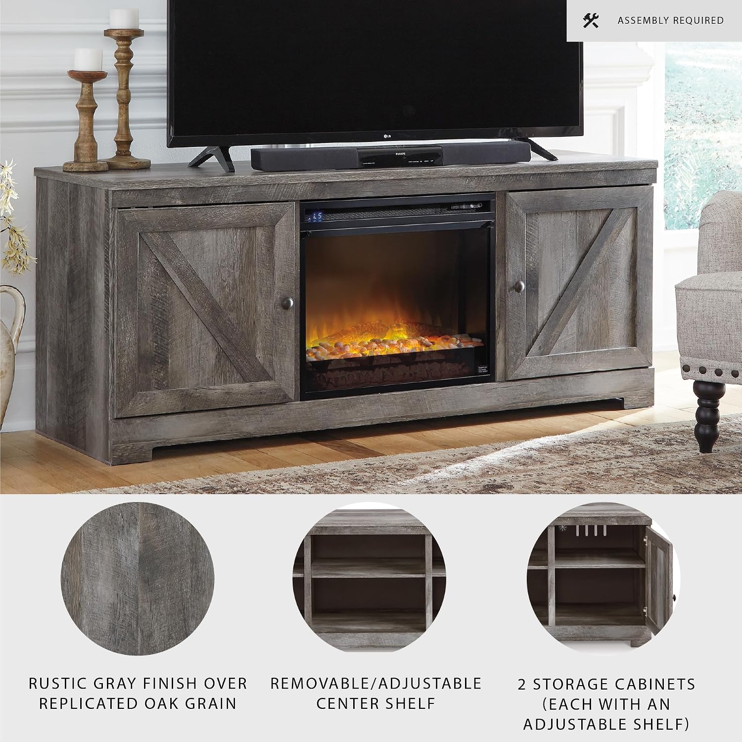Signature Design by Ashley Wynnlow Farmhouse 63' TV Stand for TVs up to 72' with Electric Fireplace, Light Gray