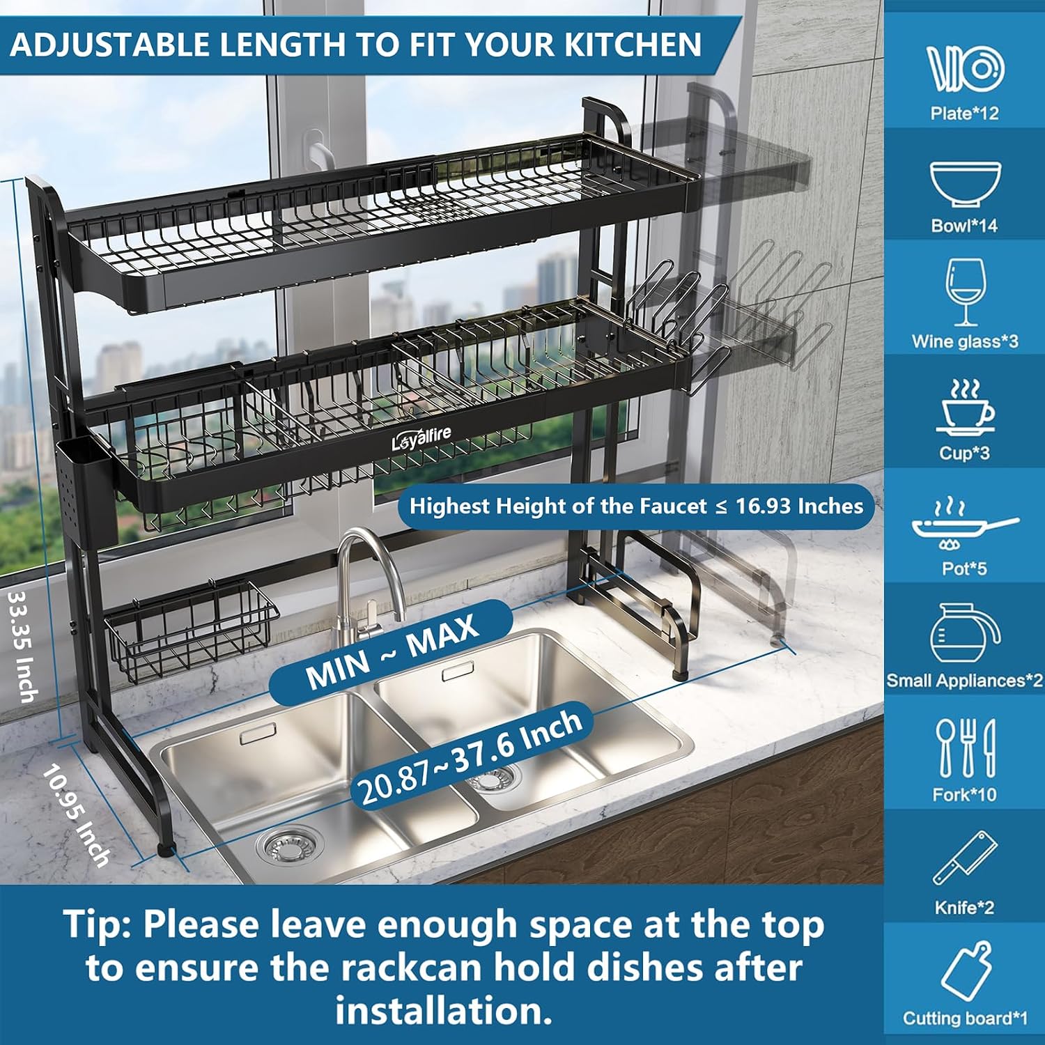 Loyalfire Over Sink Dish Drying Rack, 3 Tier Adjustable Length (20.87'' to 37.6'') Full Stainless Steel Large Storage Kitchen Dish Rack, Expandable Drainer Shelf Rack with Multifunctional Organizers
