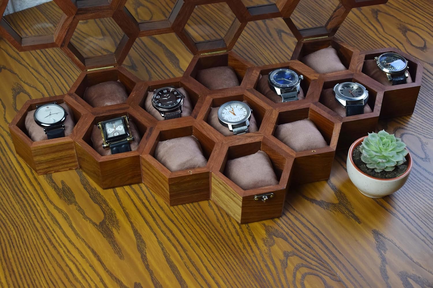 Extra Large 13 slot Superior Rosewood Honeycomb Watch Box Display Case Holder Collector Organizer for Men, Vintage Watch Storage Box to Store and Keep your Watches Safe and Sophisticated.