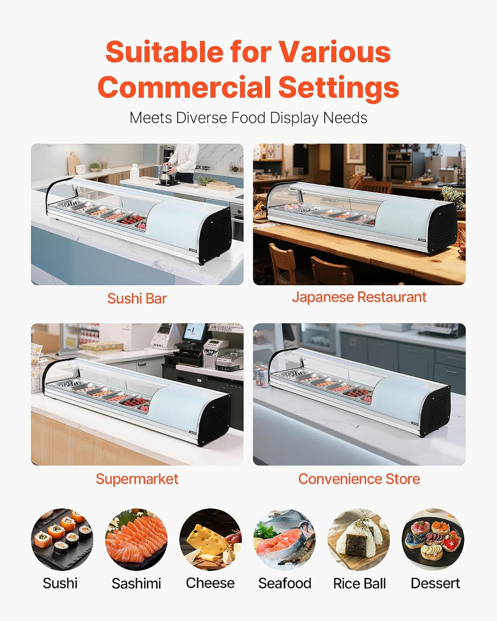 VEVOR Sushi Display Case Refrigerator, 2.2 Cu.ft Commercial Sushi Case, 6-Pan Countertop Showcase with Curved Glass, LED Lighting, and Digital Temperature Control, for Sushi-Bar, Restaurant, Store