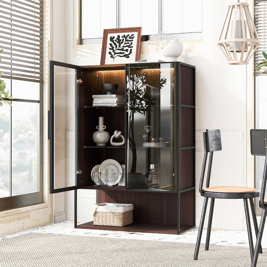 Glass Display Cabinet,51.2'' Tall Lighted with Tempered Glass Door, Metal Frame LED Curio Cabinet, Modern Minimalist Style, for Living Room, Office, Study, Black + Dark Walnut