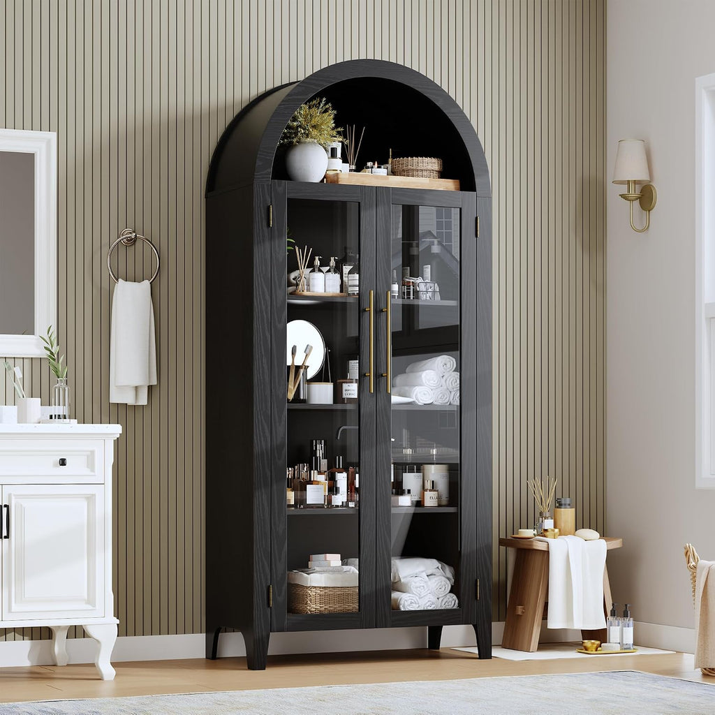 IDEALHOUSE Arched Kitchen Pantry Storage Cabinet - Farmhouse 5-Tier Display Shelf with 2 Large Glass Doors and Adjustable Shelf, Versatile Cupboard for Kitchen, Dining Room, Living Room, Black