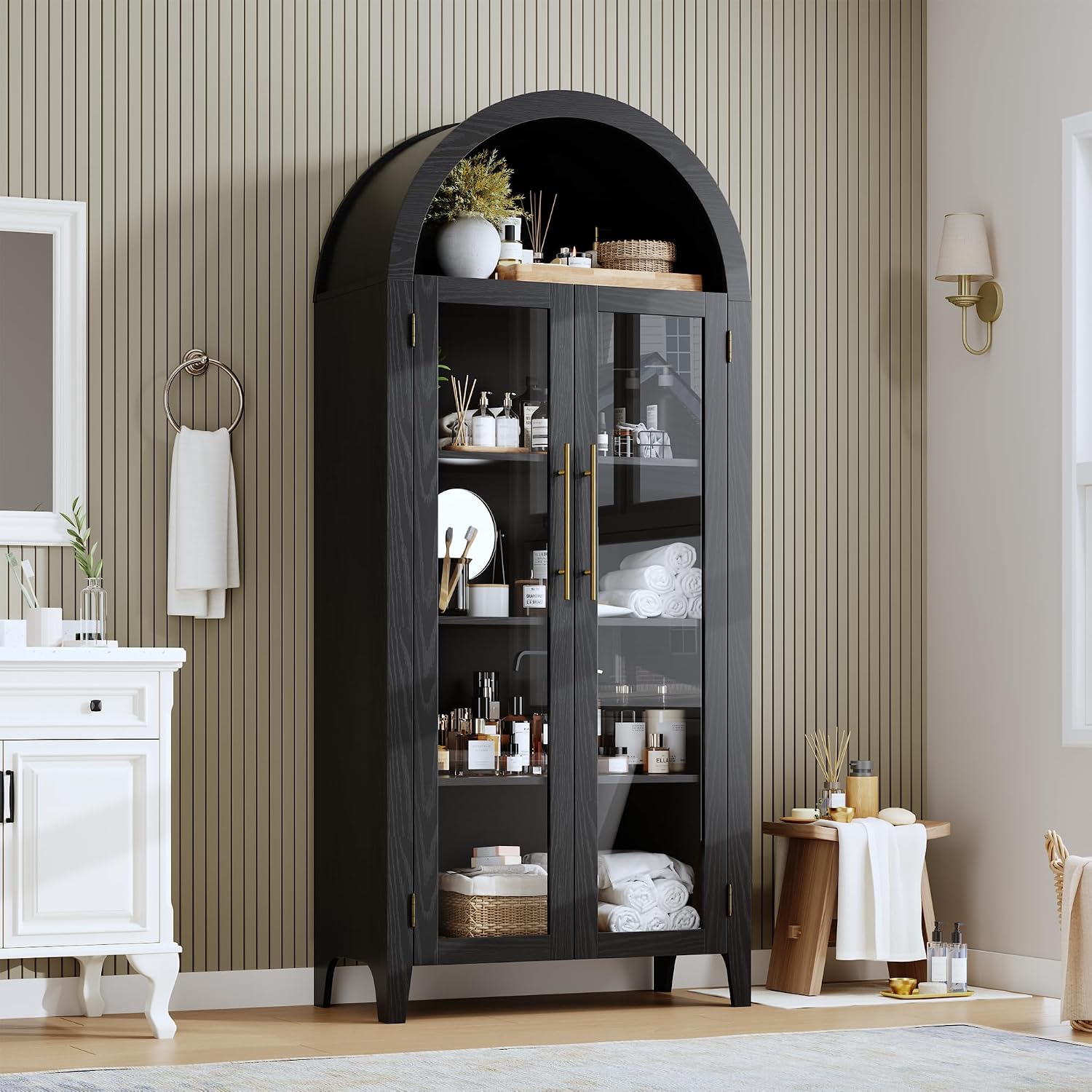IDEALHOUSE Arched Kitchen Pantry Storage Cabinet - Farmhouse 5-Tier Display Shelf with 2 Large Glass Doors and Adjustable Shelf, Versatile Cupboard for Kitchen, Dining Room, Living Room, Black