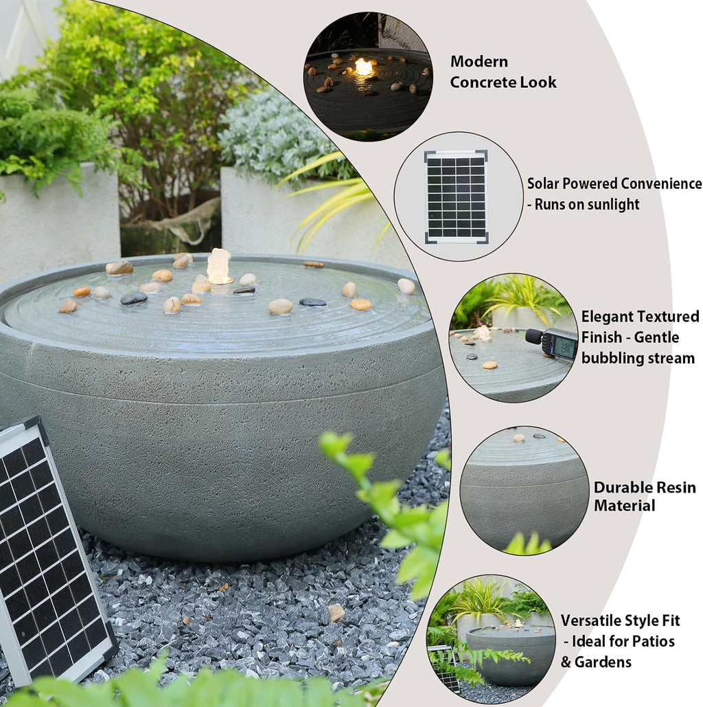 Tankana Solar Water Fountain Outdoor Garden Bubbler Large Water Feature Outdoor Fountains Solar Powered with Pebbles for Patio Deck Yard Home Decor Gray, 23.5 'L X 23.5' W X 13' H