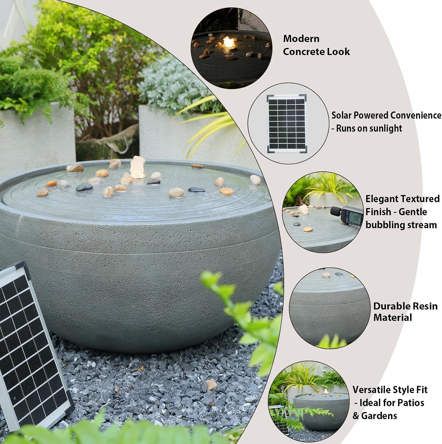 Tankana Solar Water Fountain Outdoor Garden Bubbler Large Water Feature Outdoor Fountains Solar Powered with Pebbles for Patio Deck Yard Home Decor Gray, 23.5 'L X 23.5' W X 13' H
