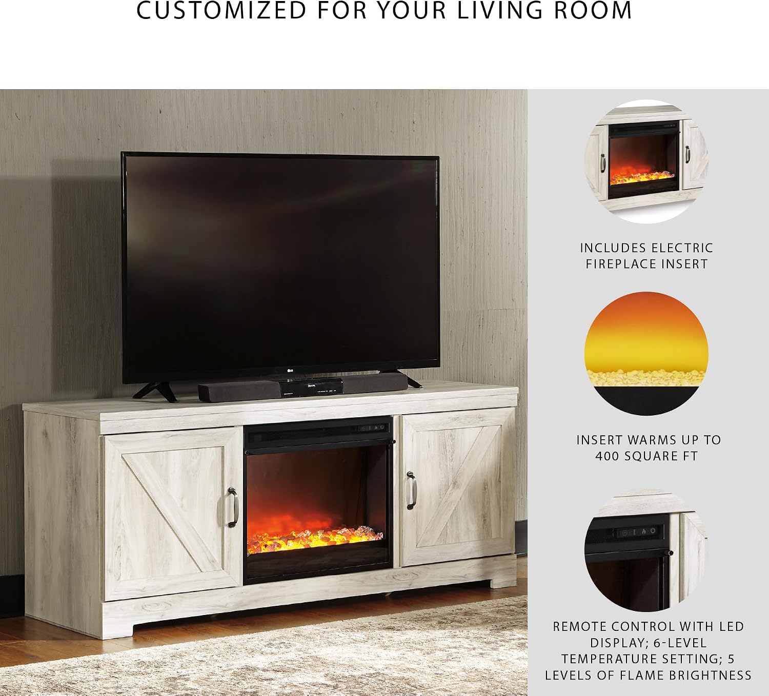 Signature Design by Ashley Bellaby Farmhouse 63' TV Stand with Fireplace for TVs up to 72', Whitewash