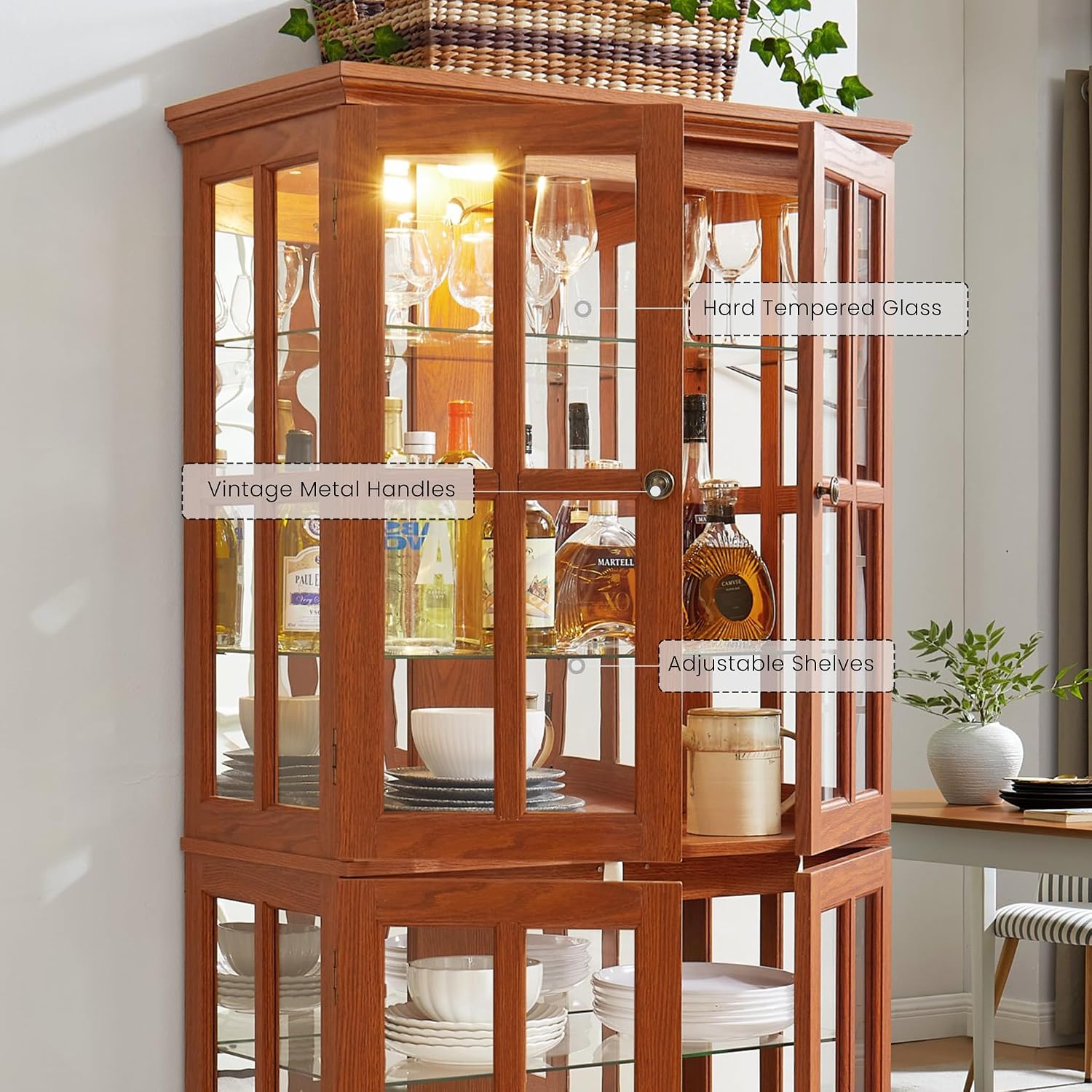 Glass Display Cabinet, 69' H Curio Cabinet with Adjustable Shelves and 4 Glass Doors, Light Bulb Included, Elegant Antique Showcase, Rack for Living Room/Home Office (Dark Oak)