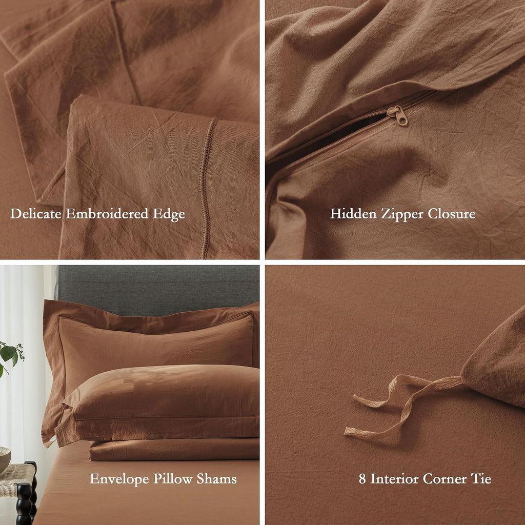 Cooling Duvet Cover Set 3 Pieces-100% Washed Cotton with Chic Wide Trim Design Linen Like Textured Ultra Soft Cozy Bedding with Zipper Closure(Hemmed Dark Orange,Oversized King 120'x98')
