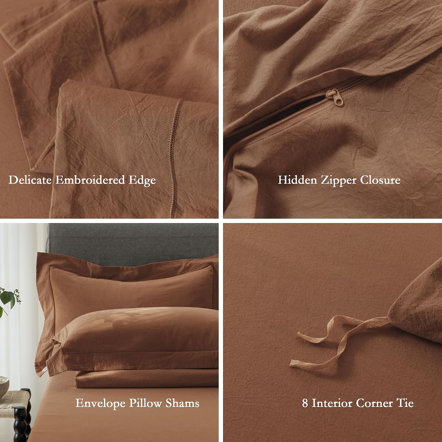 Cooling Duvet Cover Set 3 Pieces-100% Washed Cotton with Chic Wide Trim Design Linen Like Textured Ultra Soft Cozy Bedding with Zipper Closure(Hemmed Dark Orange,Oversized King 120'x98')