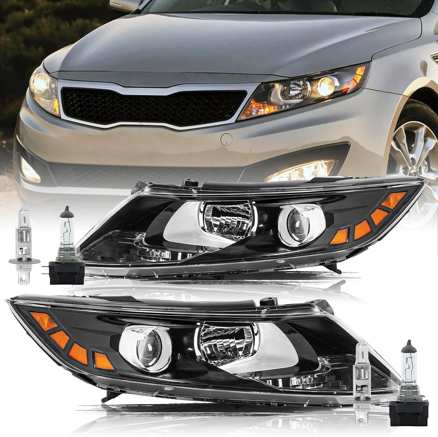 Aosky Compatible With 2011-2013 Kia Optima Headlights Halogen Headlamp Assembly w/bubls OE Black Housing with Amber Reflector Driver and Passenger Side