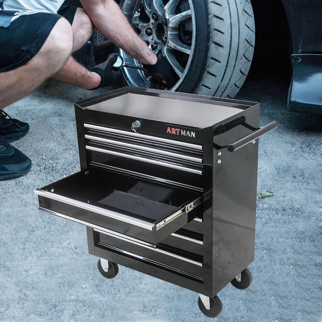 Rolling Tool Cart with 7 Drawers, Lockable Heavy-Duty Steel Cabinet on Wheels, 1000 lb Capacity, Ball-Bearing Slides, Powder-Coated Finish, Black