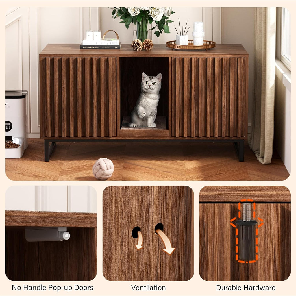 Halitaa Double Litter Box Enclosure,Modern Cat Litter Box Enclosure for 2 Cats, Hidden Litter Box with Cat Scratch Pad, Cat Washroom Cat House End Table, Entryway Bench for Livingroom (Brown)