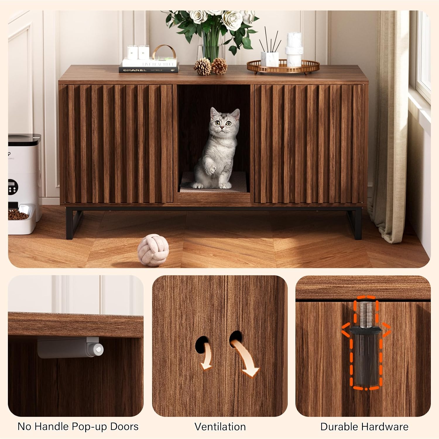 Halitaa Double Litter Box Enclosure,Modern Cat Litter Box Enclosure for 2 Cats, Hidden Litter Box with Cat Scratch Pad, Cat Washroom Cat House End Table, Entryway Bench for Livingroom (Brown)