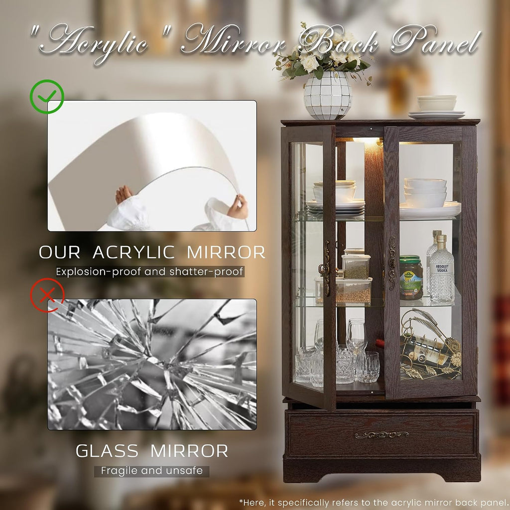 47' Lighted Glass Accent Curio Cabinet, 3-Tier Antique Storage Cage with Adjustable Shelves & Drawer, Acrylic Mirrored Pane, Light Blub Included, Small China Cabinet for Living Room (Dark Cherry)